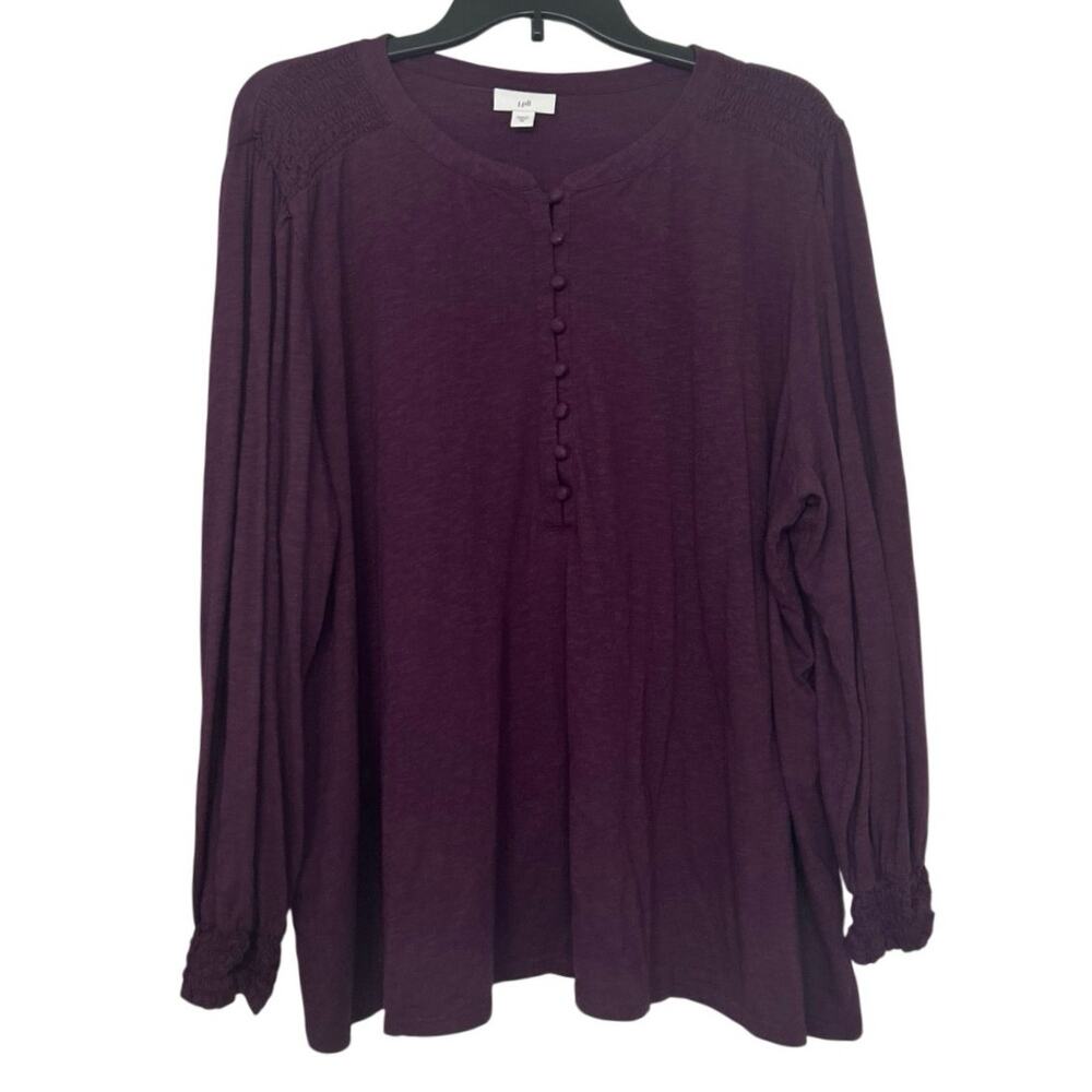 J.Jill 3X Plum Purple Smocked Shoulder Balloon Sleeve Henley Top Cotton Modal